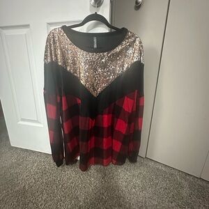 Sequin Plaid Women's Top - Black, Red, Gold